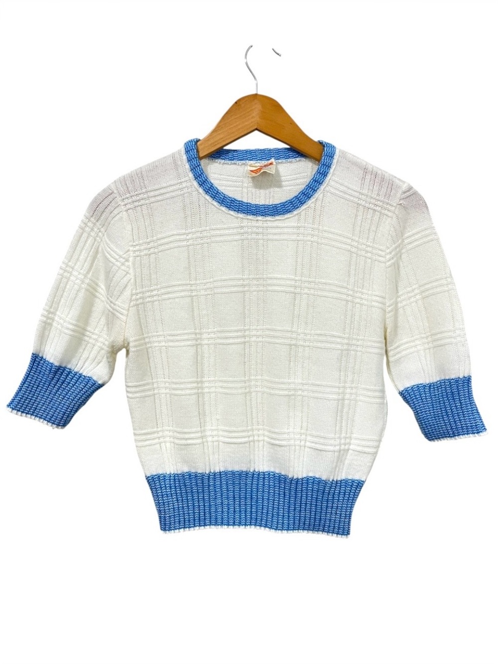 Vintage White Knit Sweater with Blue Trim - Short Sleeve Cropped